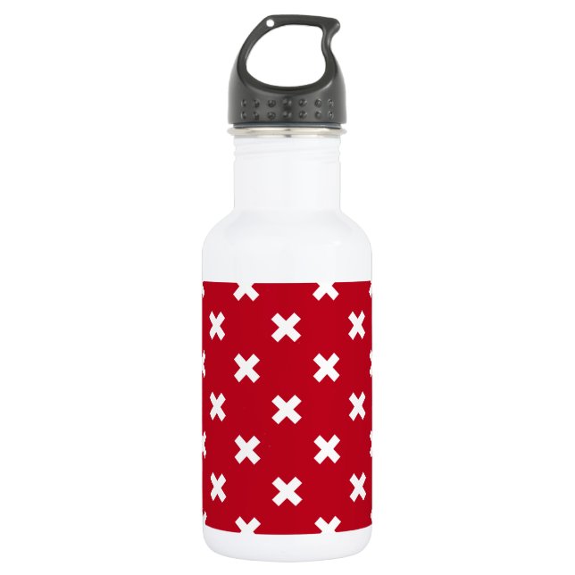 White cross stitches on red stainless steel water bottle (Front)