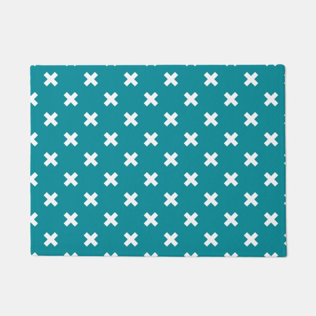 White cross stitches on teal doormat (Front)