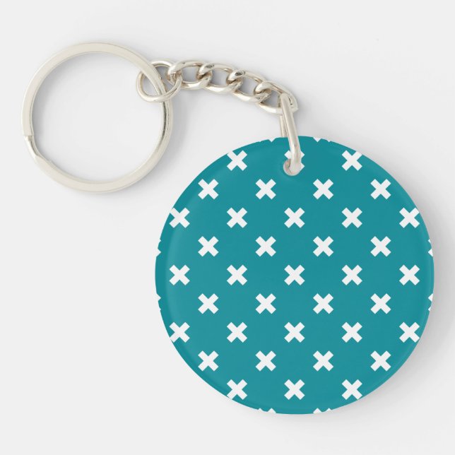 White cross stitches on teal keychain (Front)