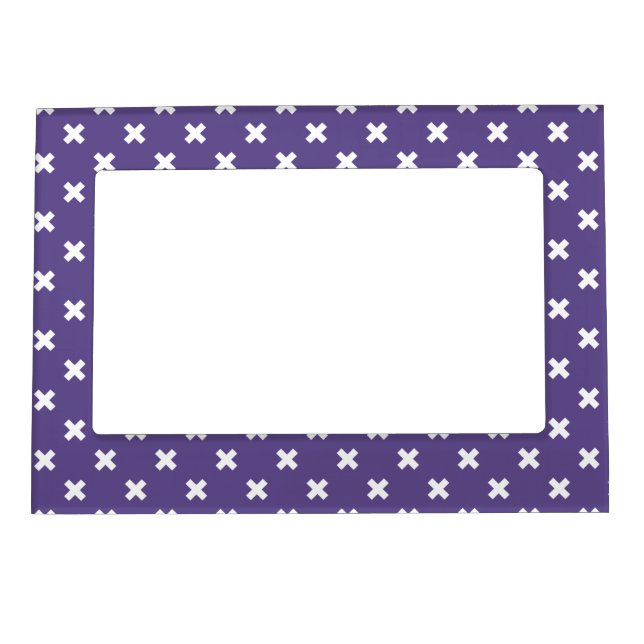 White cross stitches on ultra violet magnetic frame (Front)