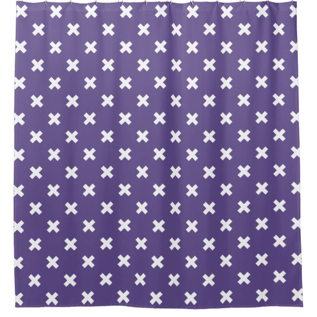 White cross stitches on ultra violet shower curtain (Front)