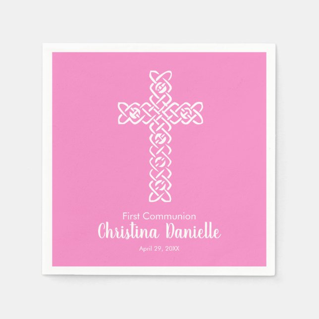 White Cross Taffy Pink Girl's Communion Religious Napkins (Front)