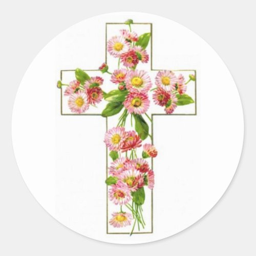 White Cross With Pink Florals Classic Round Sticker