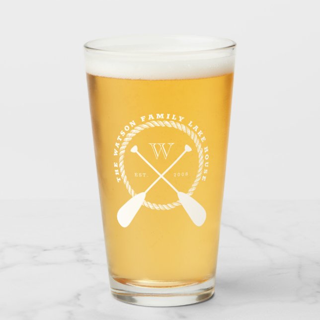White Crossed Paddles Lake House Add Family Name Glass (Front Filled)