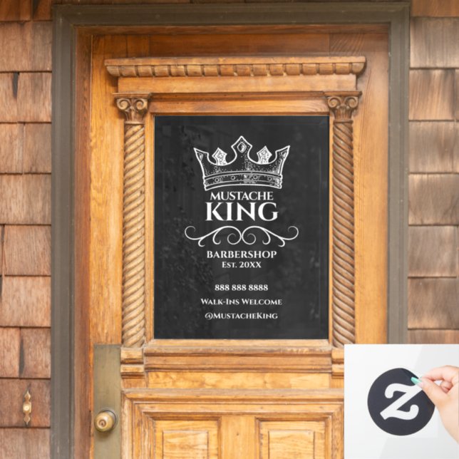 White Crown King Mustache Barbershop Business Window Cling (Home Door)