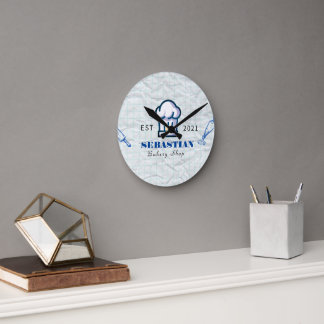 White Crumpled Texture Chef Name Bakery Shop logo Round Clock