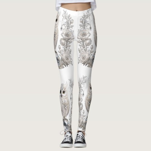 White Crystal Pearl Owl Leggings