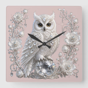 White Crystal Pearl Owl Square Wall Clock