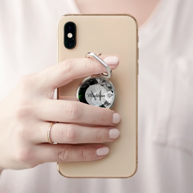 White Crystals in Black outer space Monogram Phone Ring Stand (In Situ)