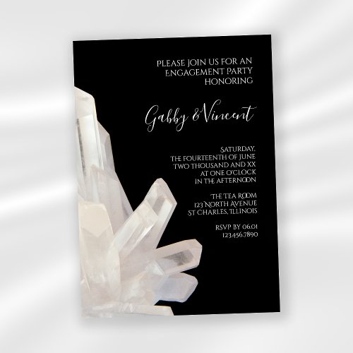 White Crystals on Black Engagement Party Invitation