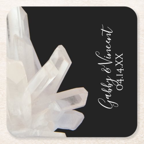White Crystals on Black Wedding Square Paper Coaster