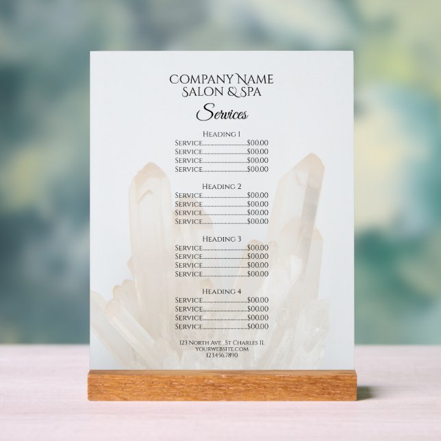 White Crystals Salon Spa Services Menu Acrylic Sign (Neutral)