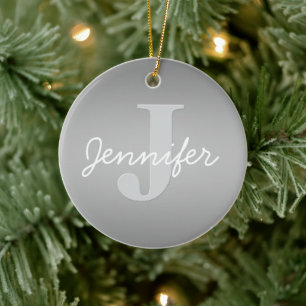 White Cursive & Grey Monogram Editable Colors Ceramic Ornament