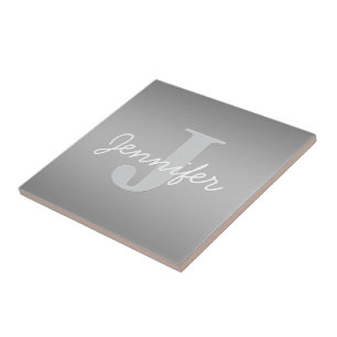 White Cursive & Grey Monogram   Editable Colors Ceramic Tile