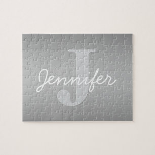 White Cursive & Grey Monogram Editable Colors Jigsaw Puzzle