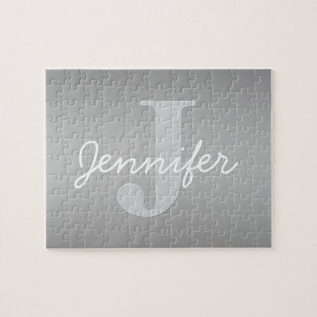 White Cursive & Grey Monogram | Editable Colors Jigsaw Puzzle (Horizontal)