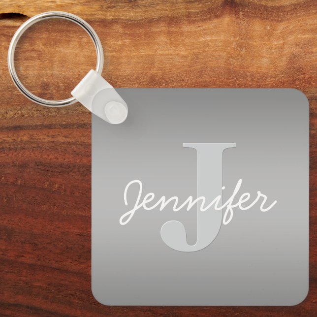 White Cursive & Grey Monogram | Editable Colors Keychain (Front)