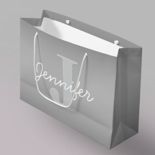 White Cursive & Grey Monogram Editable Colors Large Gift Bag