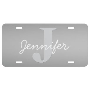 White Cursive & Grey Monogram Editable Colors License Plate