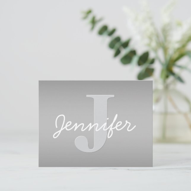 White Cursive & Grey Monogram | Editable Colors Postcard (Standing Front)