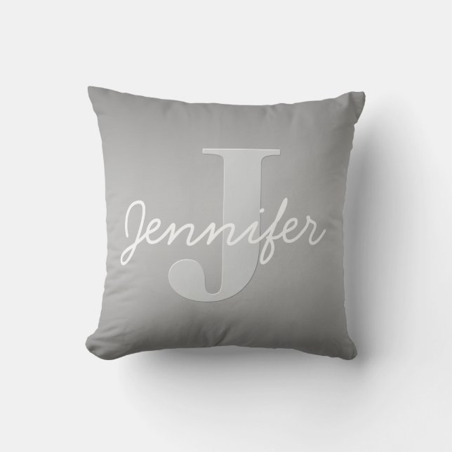 White Cursive & Grey Monogram | Editable Colors Throw Pillow (Front)