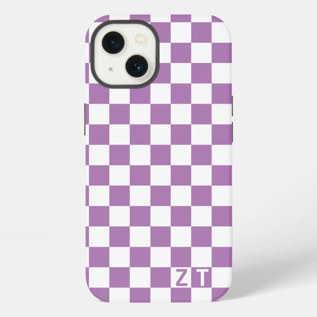 White & custom color checkered pattern w initials iphone case (Back)