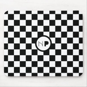 White & custom color checkered pattern w initials mouse pad