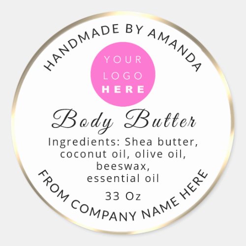 White Custom Logo Name Body Butter Cosmetics Gold Classic Round Sticker