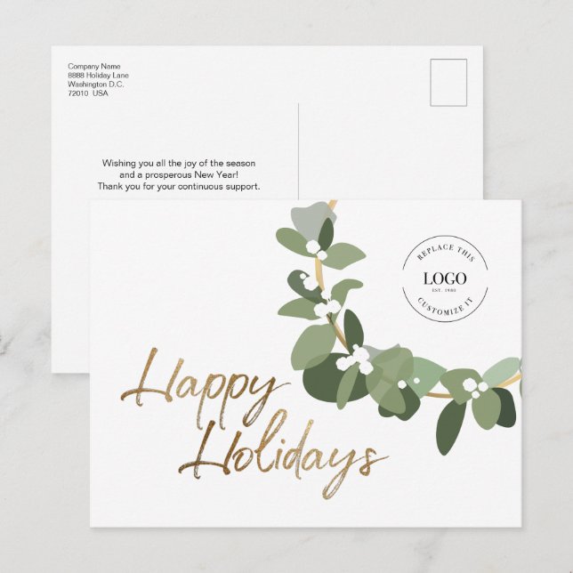 White Custom Modern Corporate Logo Happy Holidays  Holiday Postcard (Front/Back)