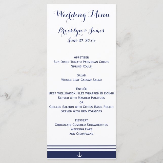White Custom Nautical Wedding Menu Cards (Front)