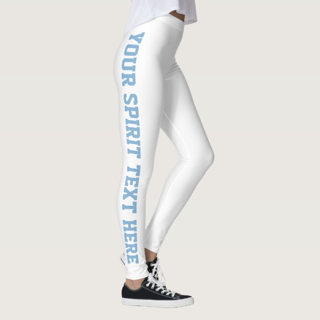 White Custom School Spirit Sky Blue Text Leggings (Right)