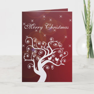 White Cute Birds Swirl Tree Glow Circles Xmas Card