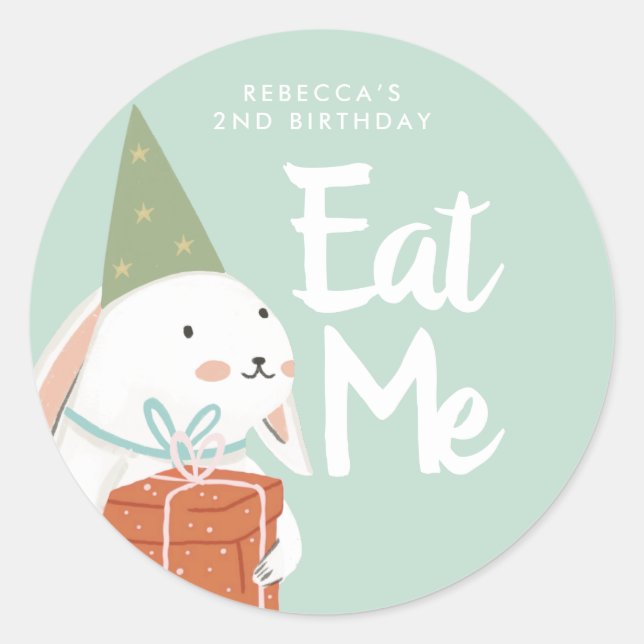 White Cute Bunny Birthday Favor  Classic Round Sticker (Front)