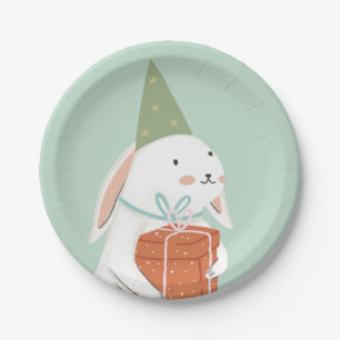 White Cute Bunny Birthday Paper Plates
