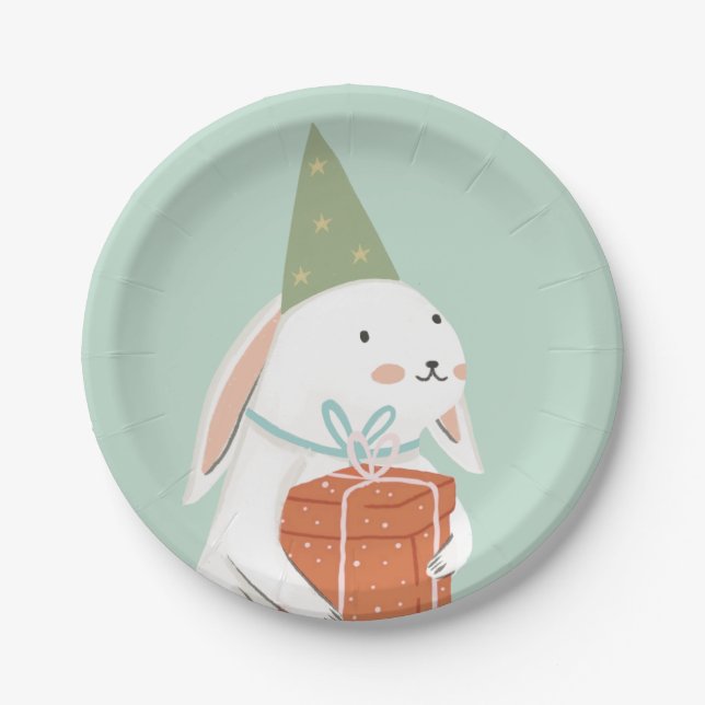 White Cute Bunny Birthday  Paper Plates (Front)
