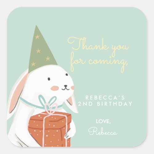 White Cute Bunny Birthday Thank you Square Sticker