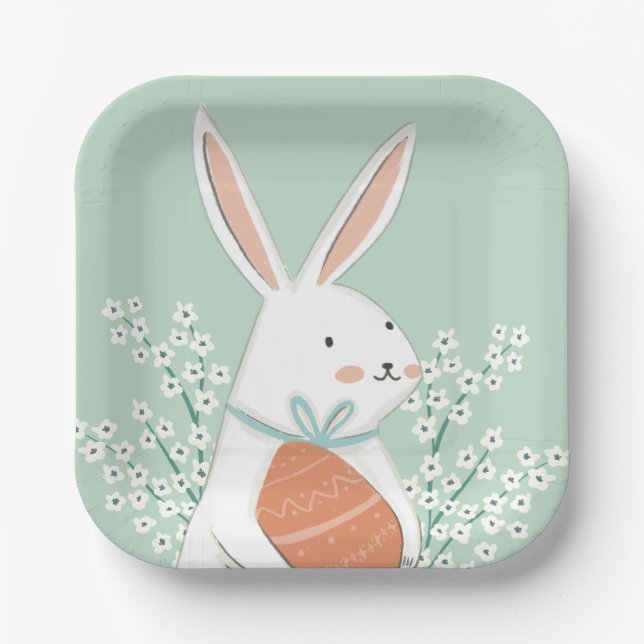 White Cute Bunny Easter Blossom Paper Plates (Front)
