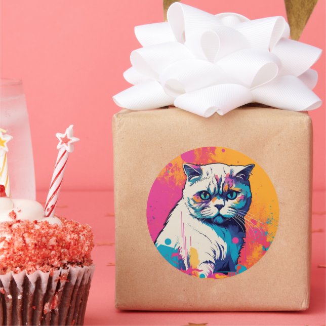 White Cute Cat Colorful Circle Sticker (Party)