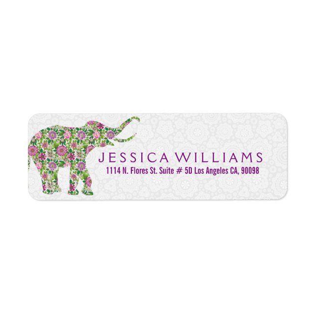 White & Cute Colorful Floral Elephant 2 Label (Front)