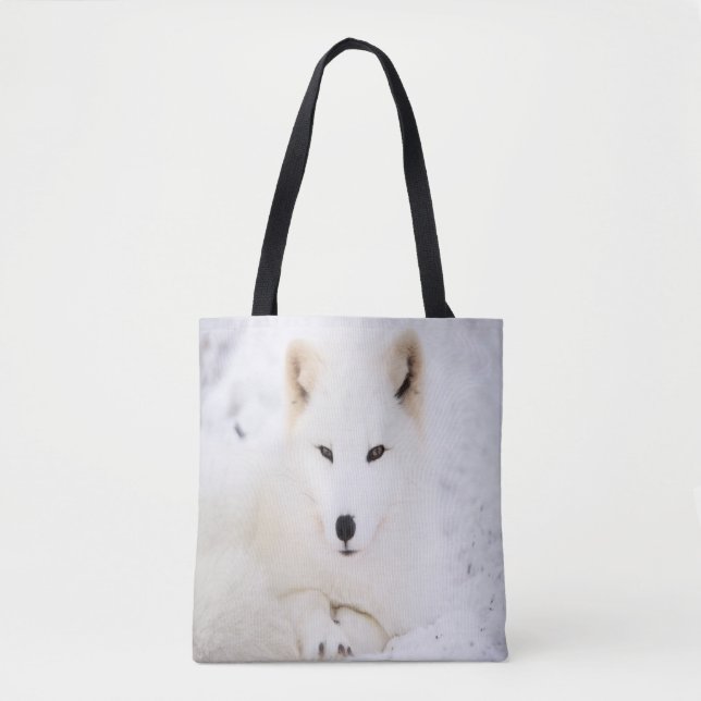 White cute fox in snow looking at you tote bag (Front)