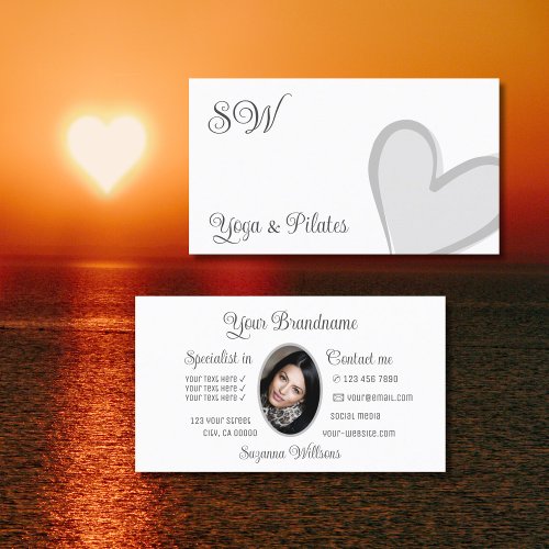 White Cute Gray Heart Chic with Monogram and Photo Business Card