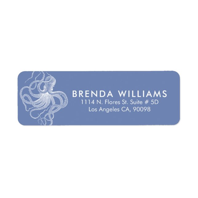 White Cute Octopus Blue Background Label (Front)