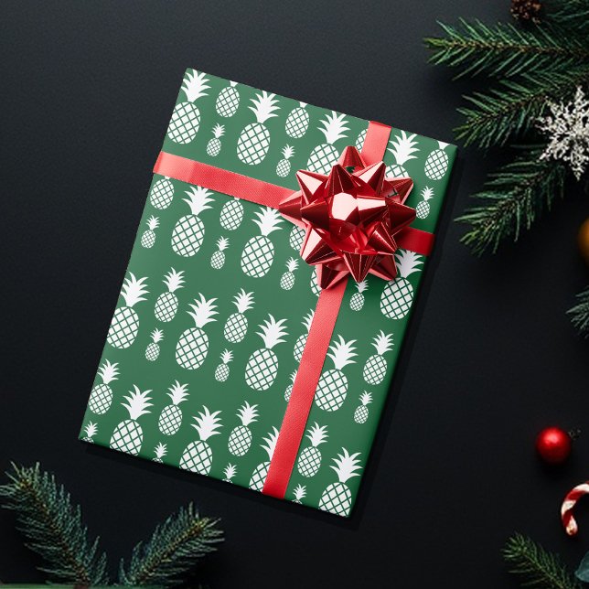White Cute Pineapple Holiday Pattern On Green Wrapping Paper (Creator Uploaded)