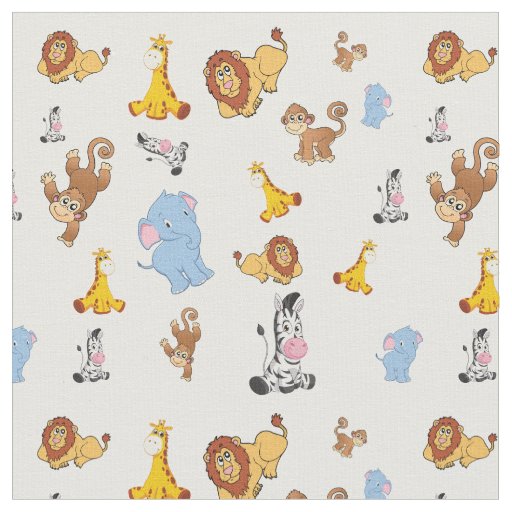 white Cute safari animal pattern - Giraffe, elepha Fabric