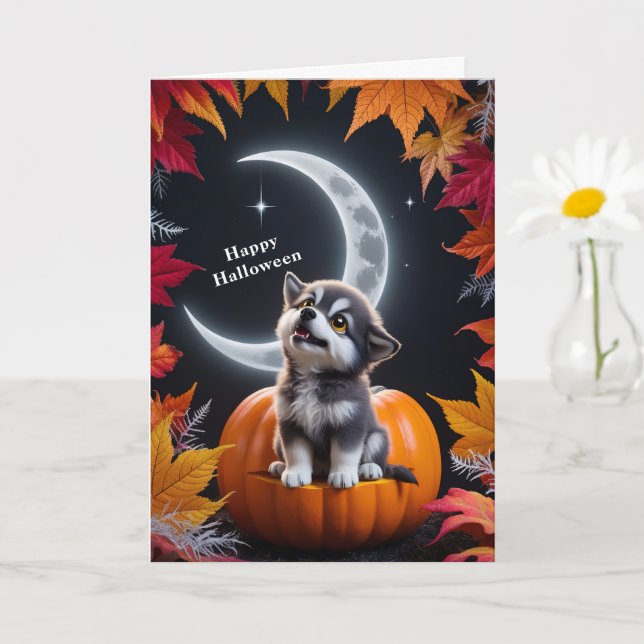 White Cute Wolf with Crescent Moon Nighttime Autum Card (Small Plant)