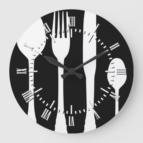 White Cutlery on Black Cafe Patisserie Restaurant Large Clock