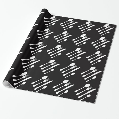 White Cutlery on Black Cafe Patisserie Restaurant Wrapping Paper
