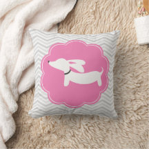 White Dachshund Pink Gray Chevrons Nursery Pillow