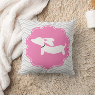 White Dachshund Pink Gray Chevrons Nursery Pillow