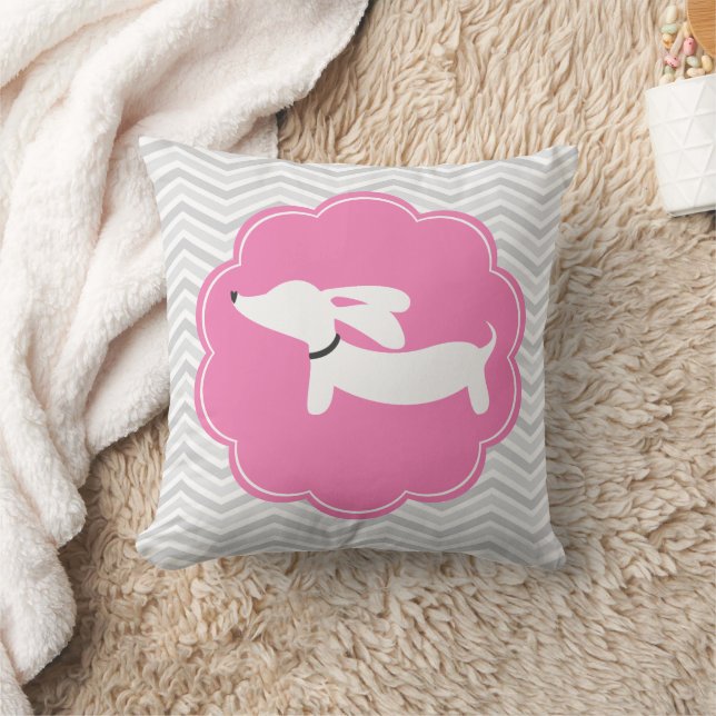 White Dachshund Pink Gray Chevrons Nursery Pillow (Blanket)